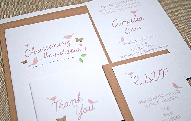 Amalia's Christening invitations with little pink bird and leaf design