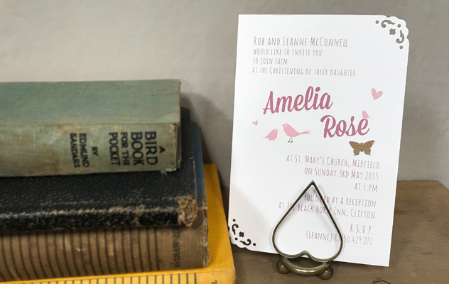Amelia's Christening invitations with birds and hearts