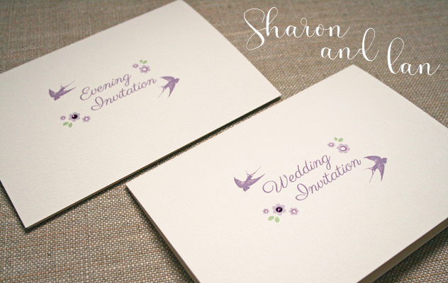 Sharon and Ian summer wedding invitations with purple swallow bird