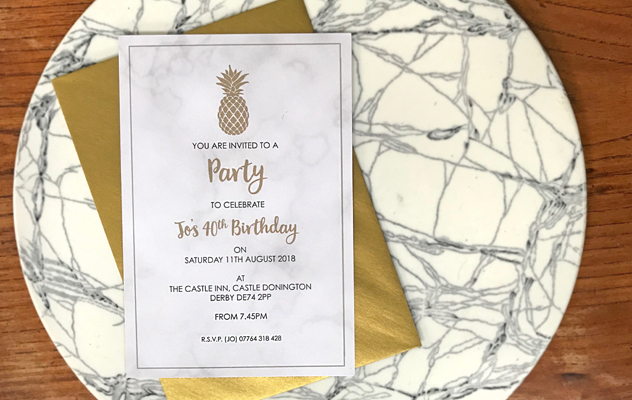 Party Invitation for Jo with pineaple print on marble card